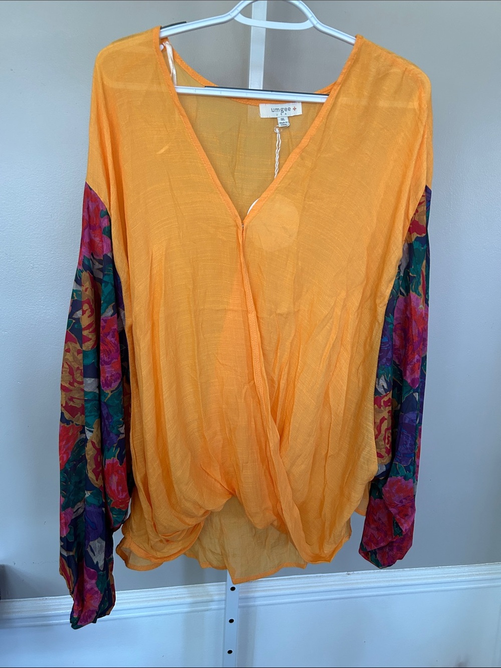 Umgee Orange Sheer V-Neck Blouse with Multicolor Floral Sleeves